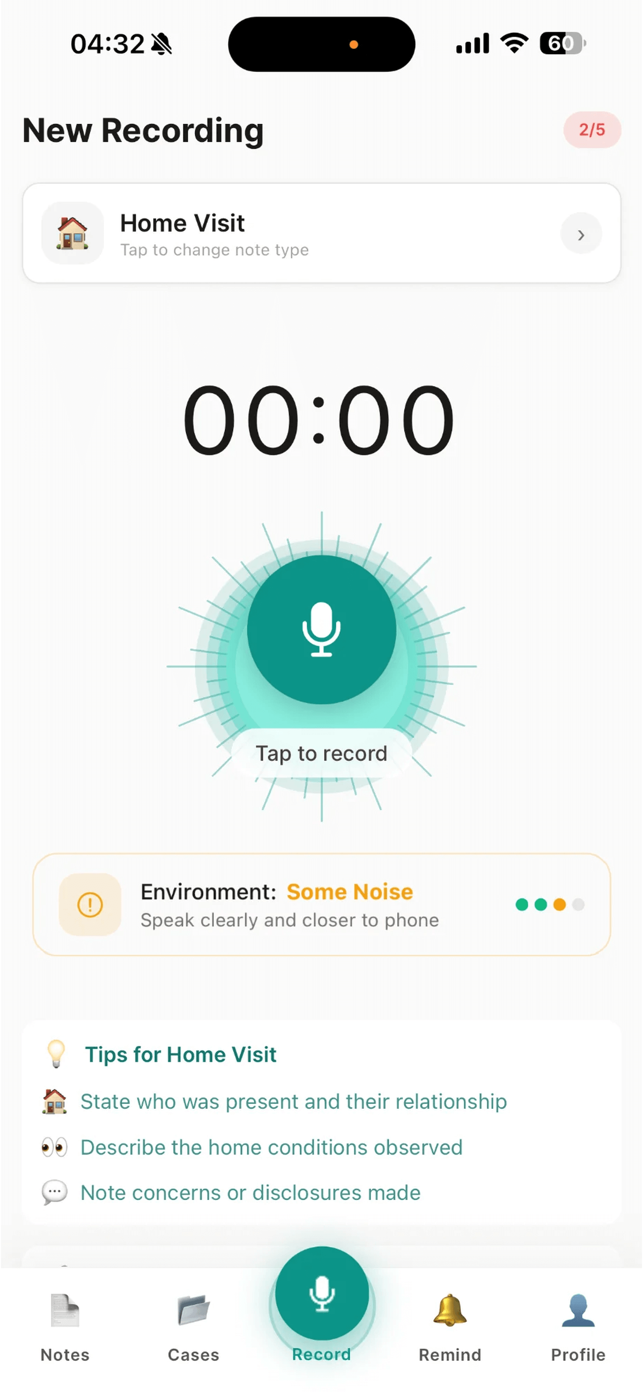 SpeakCase App - Voice recording interface for social workers